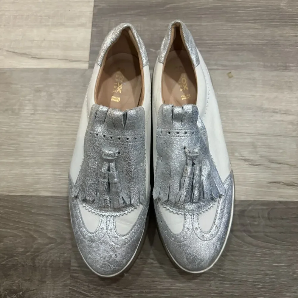 Geox Respira Oxfords Shoes Mens 40 7 White/Silver Tassel Fringe Platform Leather